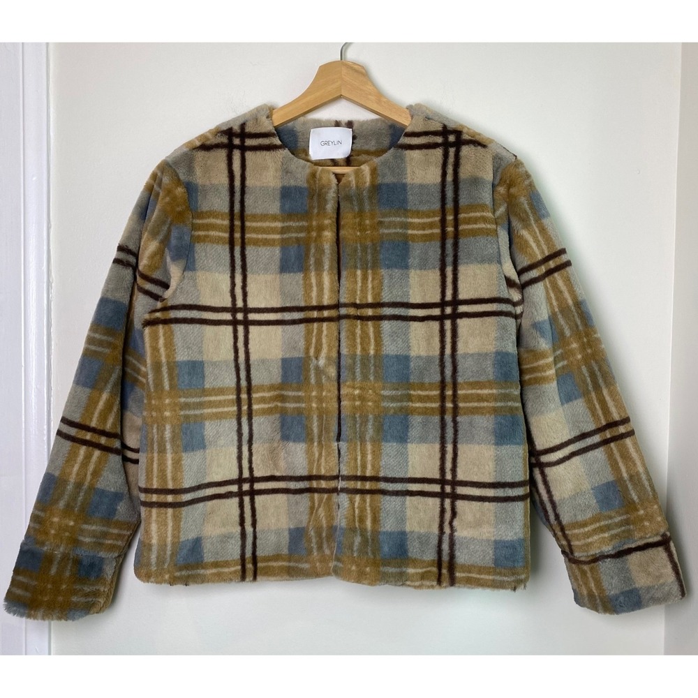 Greylin Faux Fur Plaid Coat Womens L Brown Tan Blue Quilted Lining Chic